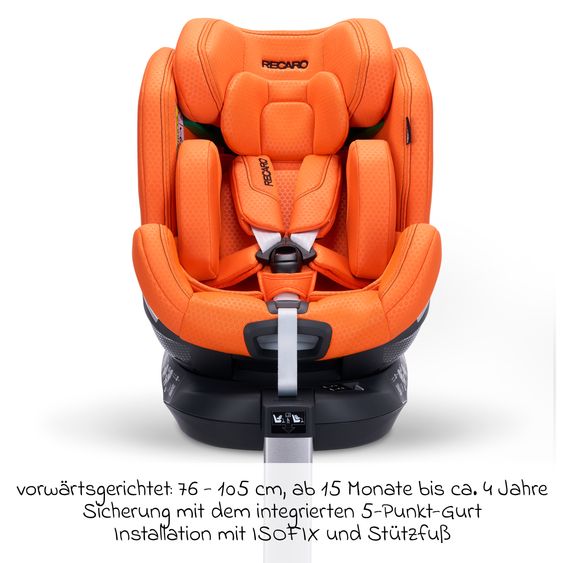 Recaro Rear-facing car seat Xenon 1 Kid swivel from 3 months - 7 years (61 cm - 125 cm) with seat reducer incl. Isofix base with support leg - Vibrant Orange