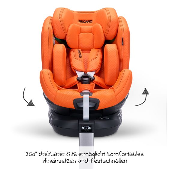 Recaro Rear-facing car seat Xenon 1 Kid swivel from 3 months - 7 years (61 cm - 125 cm) with seat reducer incl. Isofix base with support leg - Vibrant Orange