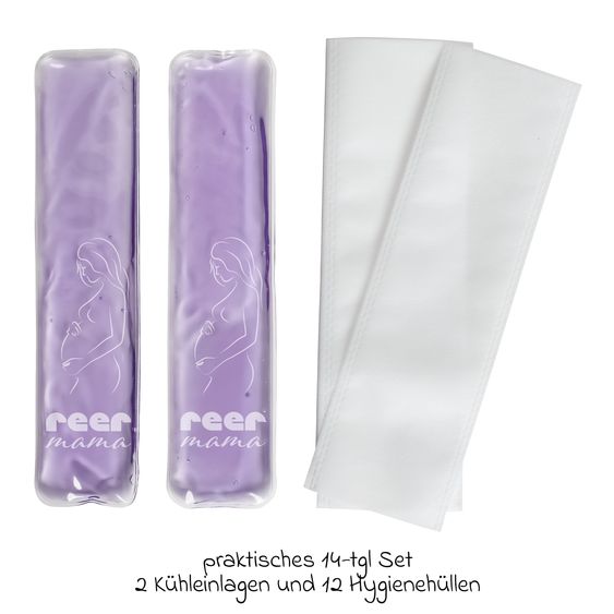 Reer 14 tlg. Wochenbett Kühleinlagen Set Mama 2x Kühleinlagen & 12 Einweg-Hygienehüllen - Lila Weiß