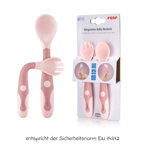 Reer 2-tlg. Biegsames Lernbesteck um 360 Grad biegbar für Links- und Rechtshänder 1x Gabel, 1x Löffel - Rosa