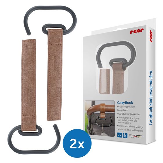 Reer Crochets De Poussette 2 Pièces CarryHook Utilisable Sur Poussettes, Sièges Sport Et Poussettes Combinées - Marron