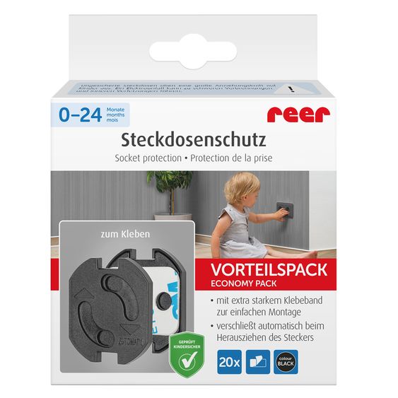 Reer 20er Pack Steckdosenschutz mit Klebeband zur einfachen Montage - Schwarz