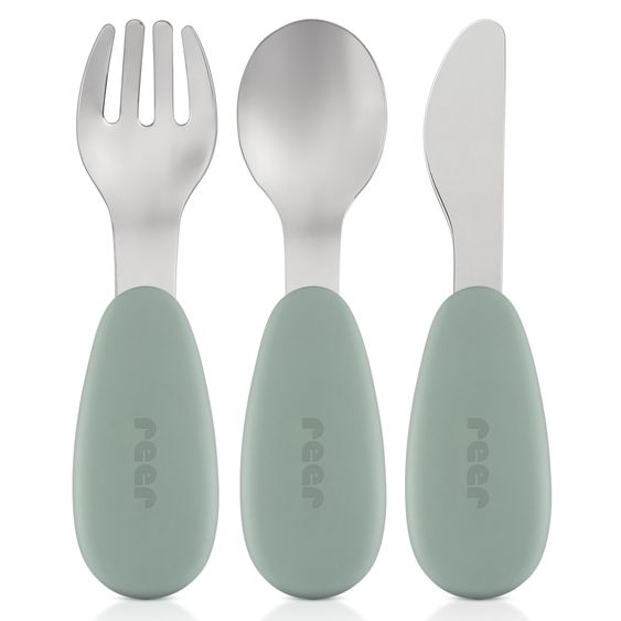 Reer 3-tlg. Silikon-Edelstahl-Lernbesteck Löffel, Gabel, Messer in ergonomischem, kindgerechtem Design - Silber / Grün