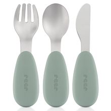 Set di posate per apprendimento 3 pz. in silicone e acciaio inox Cucchiaio, Forchetta, Coltello in design ergonomico e adatto ai bambini - Argento / Verde