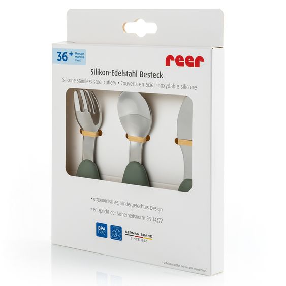 Reer 3-tlg. Silikon-Edelstahl-Lernbesteck Löffel, Gabel, Messer in ergonomischem, kindgerechtem Design - Silber / Grün
