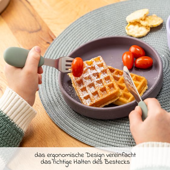 Reer 3-tlg. Silikon-Edelstahl-Lernbesteck Löffel, Gabel, Messer in ergonomischem, kindgerechtem Design - Silber / Grün