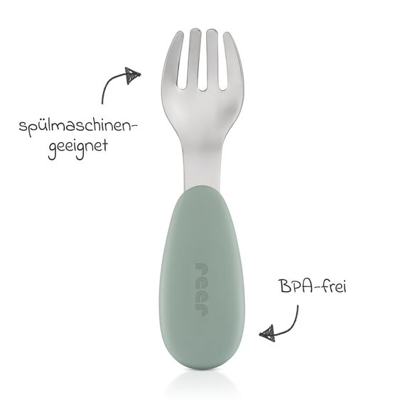 Reer 3-tlg. Silikon-Edelstahl-Lernbesteck Löffel, Gabel, Messer in ergonomischem, kindgerechtem Design - Silber / Grün