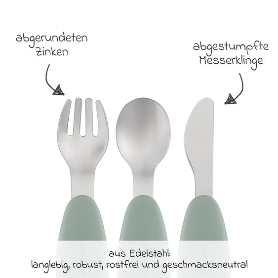 Reer 3-tlg. Silikon-Edelstahl-Lernbesteck Löffel, Gabel, Messer in ergonomischem, kindgerechtem Design - Silber / Grün