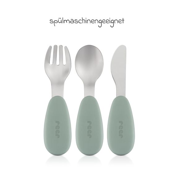 Reer 3-tlg. Silikon-Edelstahl-Lernbesteck Löffel, Gabel, Messer in ergonomischem, kindgerechtem Design - Silber / Grün