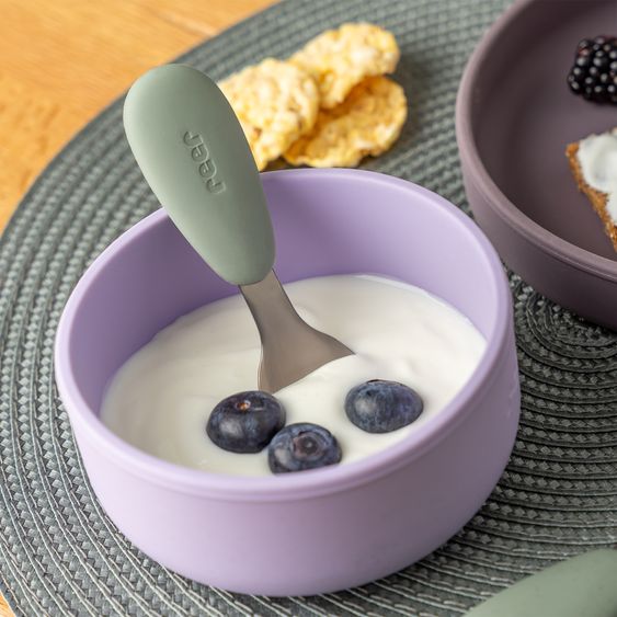 Reer 3-tlg. Silikon-Edelstahl-Lernbesteck Löffel, Gabel, Messer in ergonomischem, kindgerechtem Design - Silber / Grün
