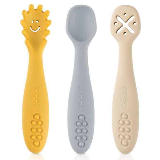Reer 3er Pack Silikon Babylöffel Little Yummie mit verschiedene Strkturen, Anti-Rutschnoppen & ergonomischer Griff - Bunt