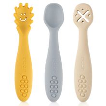 3er Pack Silikon Babylöffel Little Yummie mit verschiedene Strkturen, Anti-Rutschnoppen & ergonomischer Griff - Bunt