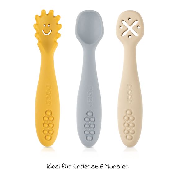 Reer 3er Pack Silikon Babylöffel Little Yummie mit verschiedene Strkturen, Anti-Rutschnoppen & ergonomischer Griff - Bunt