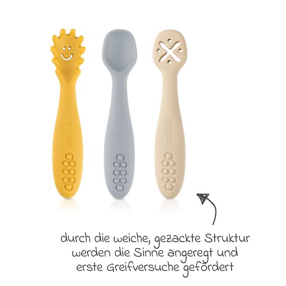Reer 3er Pack Silikon Babylöffel Little Yummie mit verschiedene Strkturen, Anti-Rutschnoppen & ergonomischer Griff - Bunt