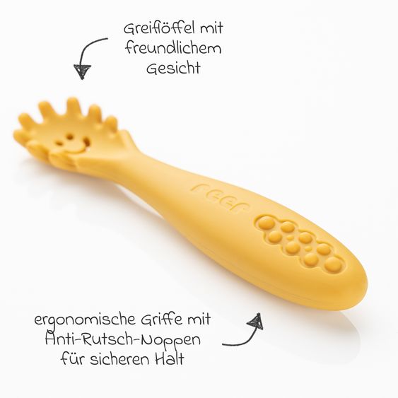 Reer 3er Pack Silikon Babylöffel Little Yummie mit verschiedene Strkturen, Anti-Rutschnoppen & ergonomischer Griff - Bunt