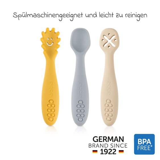Reer 3er Pack Silikon Babylöffel Little Yummie mit verschiedene Strkturen, Anti-Rutschnoppen & ergonomischer Griff - Bunt