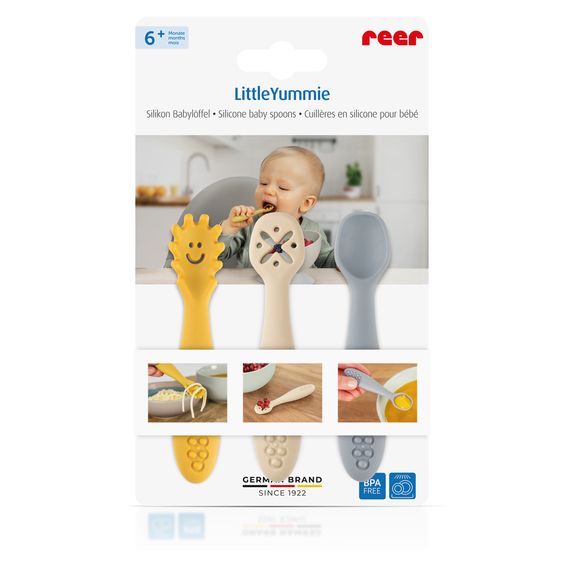 Reer 3er Pack Silikon Babylöffel Little Yummie mit verschiedene Strkturen, Anti-Rutschnoppen & ergonomischer Griff - Bunt
