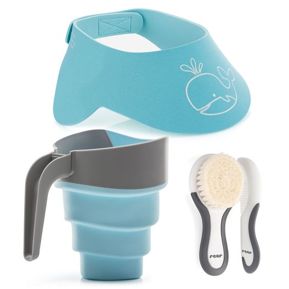 Reer Set per la cura dei capelli 4 pz. con spazzola in setole naturali, pettine, ciotola per lavare i capelli e protezione shampoo - Blu / Grigio