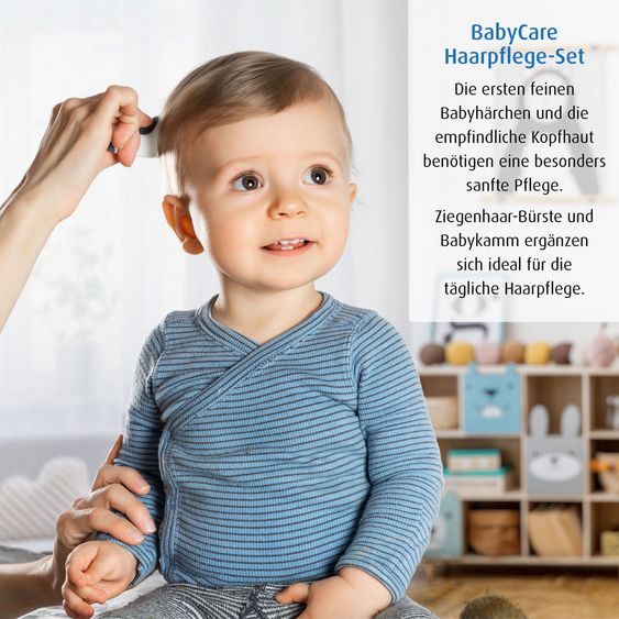 Reer Set per la cura dei capelli 4 pz. con spazzola in setole naturali, pettine, ciotola per lavare i capelli e protezione shampoo - Blu / Grigio