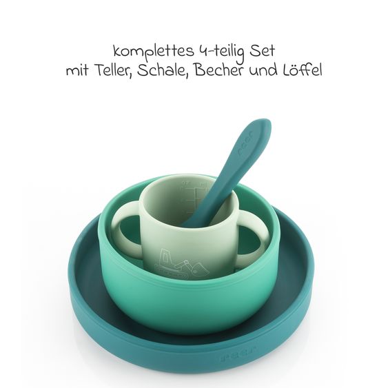 Reer Set di stoviglie in silicone 4 pz. 1x Piatto, 1x Ciotola, 1x Bicchiere, 1x Cucchiaio per cibi caldi & freddi - Escavatore - Verde
