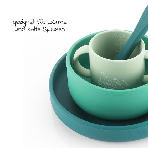 Reer Set di stoviglie in silicone 4 pz. 1x Piatto, 1x Ciotola, 1x Bicchiere, 1x Cucchiaio per cibi caldi & freddi - Escavatore - Verde