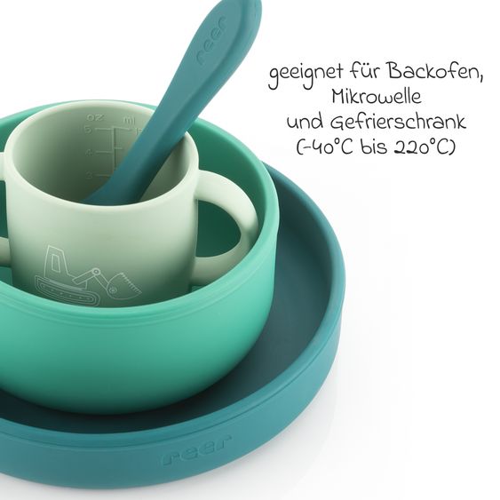 Reer Set di stoviglie in silicone 4 pz. 1x Piatto, 1x Ciotola, 1x Bicchiere, 1x Cucchiaio per cibi caldi & freddi - Escavatore - Verde