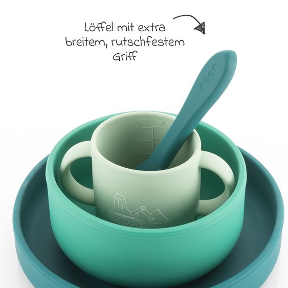 Reer Set di stoviglie in silicone 4 pz. 1x Piatto, 1x Ciotola, 1x Bicchiere, 1x Cucchiaio per cibi caldi & freddi - Escavatore - Verde