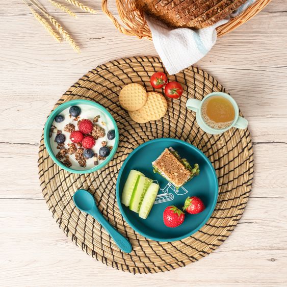 Reer Set di stoviglie in silicone 4 pz. 1x Piatto, 1x Ciotola, 1x Bicchiere, 1x Cucchiaio per cibi caldi & freddi - Escavatore - Verde