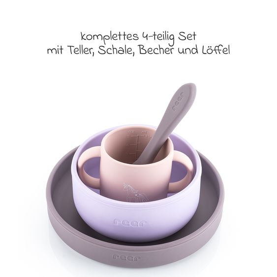 Reer Set di stoviglie in silicone 4 pz. 1x Piatto, 1x Ciotola, 1x Bicchiere, 1x Cucchiaio per cibi caldi & freddi - Unicorno - Lilla