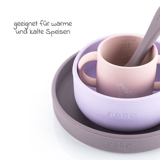 Reer Set di stoviglie in silicone 4 pz. 1x Piatto, 1x Ciotola, 1x Bicchiere, 1x Cucchiaio per cibi caldi & freddi - Unicorno - Lilla