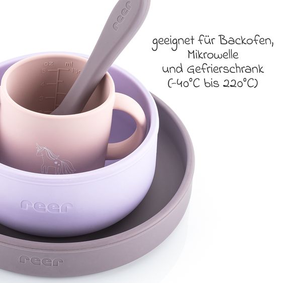 Reer Set di stoviglie in silicone 4 pz. 1x Piatto, 1x Ciotola, 1x Bicchiere, 1x Cucchiaio per cibi caldi & freddi - Unicorno - Lilla