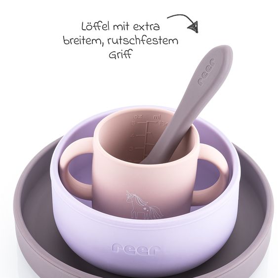 Reer Set di stoviglie in silicone 4 pz. 1x Piatto, 1x Ciotola, 1x Bicchiere, 1x Cucchiaio per cibi caldi & freddi - Unicorno - Lilla