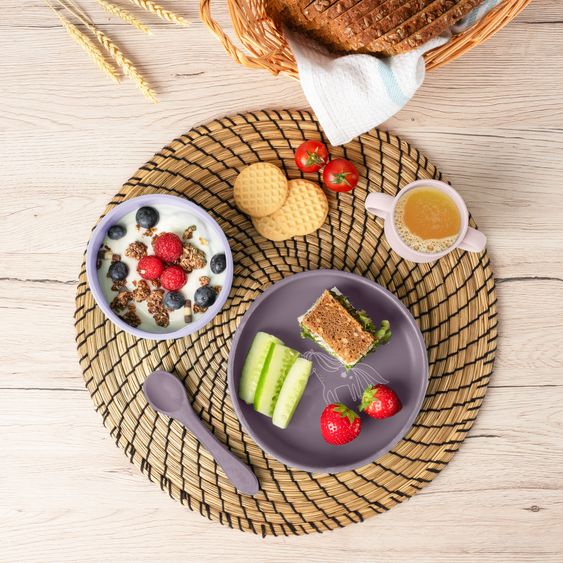 Reer Set di stoviglie in silicone 4 pz. 1x Piatto, 1x Ciotola, 1x Bicchiere, 1x Cucchiaio per cibi caldi & freddi - Unicorno - Lilla