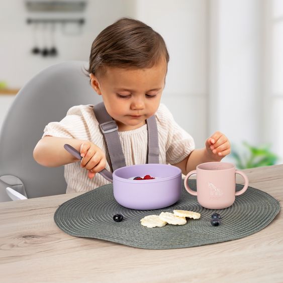 Reer Set di stoviglie in silicone 4 pz. 1x Piatto, 1x Ciotola, 1x Bicchiere, 1x Cucchiaio per cibi caldi & freddi - Unicorno - Lilla