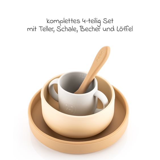 Reer Set di stoviglie in silicone 4 pz. 1x Piatto, 1x Ciotola, 1x Bicchiere, 1x Cucchiaio per cibi caldi & freddi - Löwe - Beige