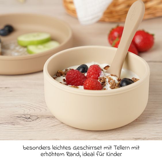 Reer Set di stoviglie in silicone 4 pz. 1x Piatto, 1x Ciotola, 1x Bicchiere, 1x Cucchiaio per cibi caldi & freddi - Löwe - Beige