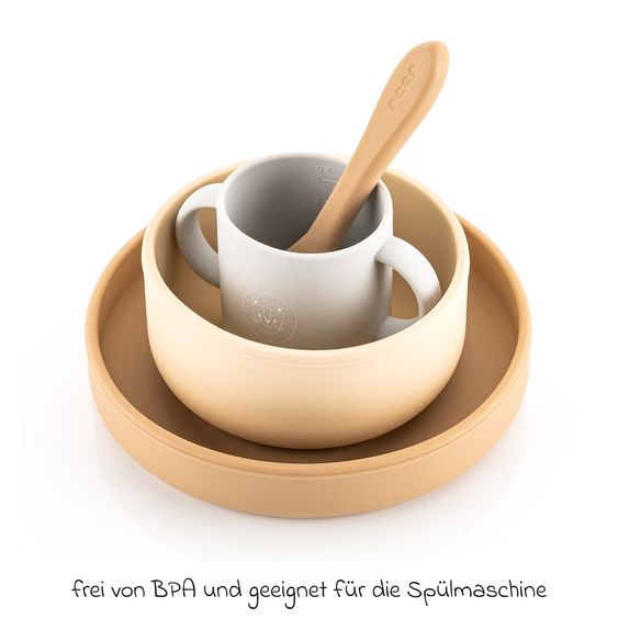 Reer Set di stoviglie in silicone 4 pz. 1x Piatto, 1x Ciotola, 1x Bicchiere, 1x Cucchiaio per cibi caldi & freddi - Löwe - Beige