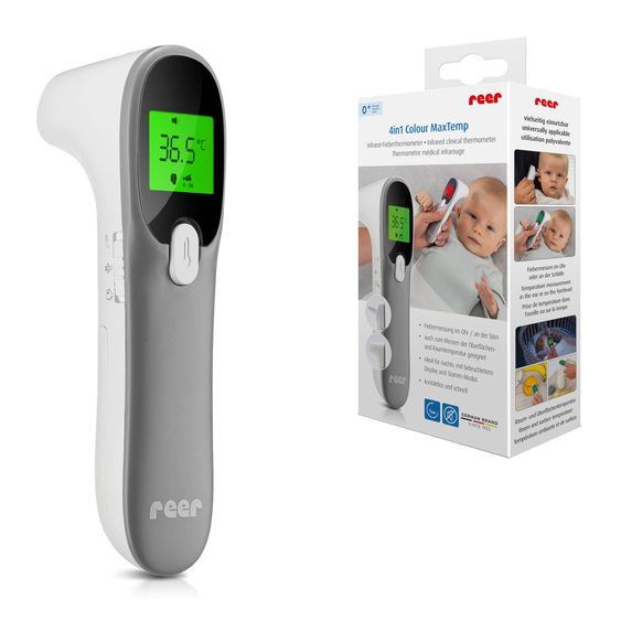 Reer 4in1 Infrarot-Fieberthermometer Colour MaxTemp für Ohr- und Stirnmessung - Weiß Grau