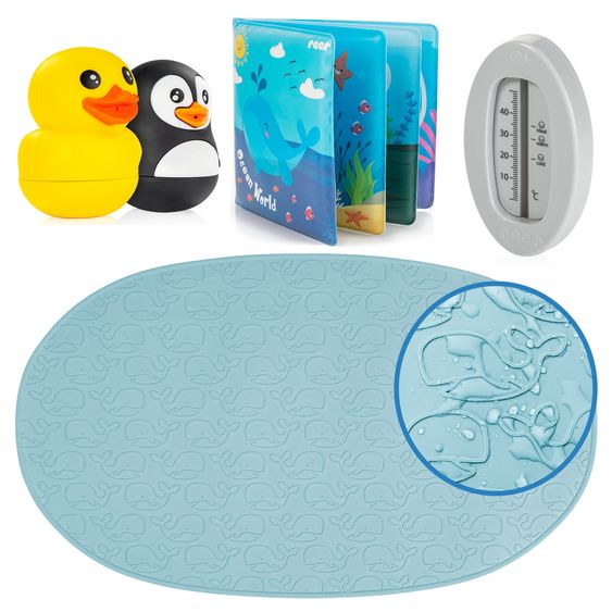 Reer 5-tlg. Bade-Set mit Badewannematte, Spieltiere, Thermometer & magisches Badebuch - Bunt