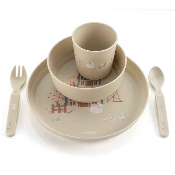Reer 5-tlg. Geschirr-Set Little Explorer 1x Teller, 1x Becher, 1x Löffel, 1x Gabel, - Beige
