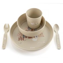 5-tlg. Geschirr-Set Little Explorer 1x Teller, 1x Becher, 1x Löffel, 1x Gabel, - Beige