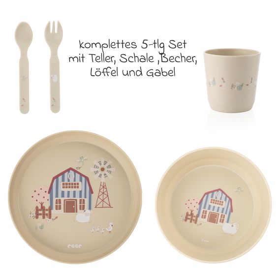 Reer 5-tlg. Geschirr-Set Little Explorer 1x Teller, 1x Becher, 1x Löffel, 1x Gabel, - Beige
