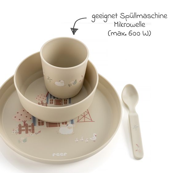 Reer 5-tlg. Geschirr-Set Little Explorer 1x Teller, 1x Becher, 1x Löffel, 1x Gabel, - Beige