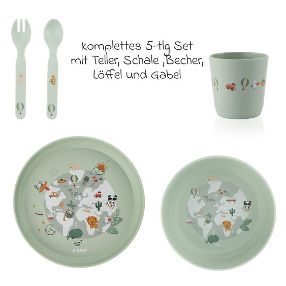 Reer 5-tlg. Geschirr-Set Little Explorer 1x Teller, 1x Becher, 1x Löffel, 1x Gabel, - Grün