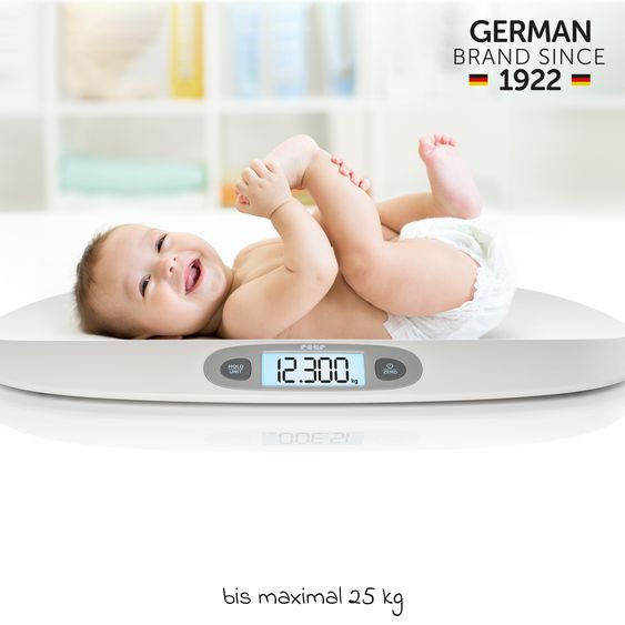 Reer Babywaage BabyCare mit Maßband, ergonomische Wiegeschale, Tarier- und HOLD-Funktion bis 25 kg - Weiß