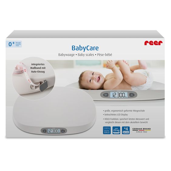 Reer Babywaage BabyCare mit Maßband, ergonomische Wiegeschale, Tarier- und HOLD-Funktion bis 25 kg - Weiß