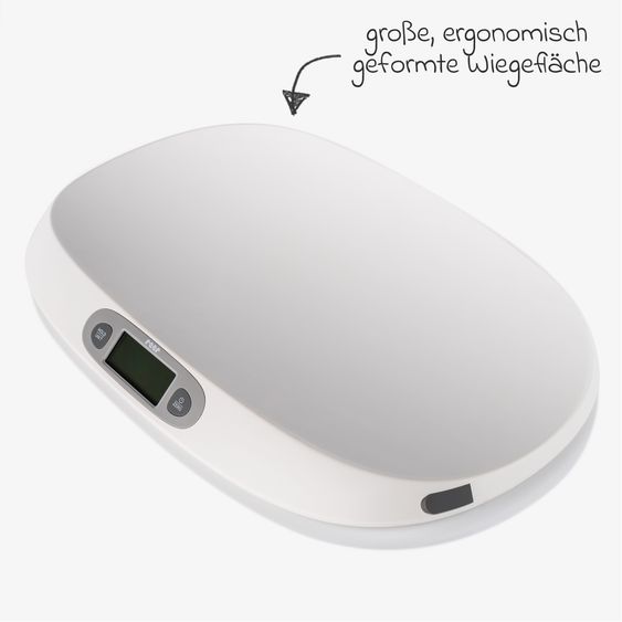 Reer Babywaage BabyCare mit Maßband, ergonomische Wiegeschale, Tarier- und HOLD-Funktion bis 25 kg - Weiß