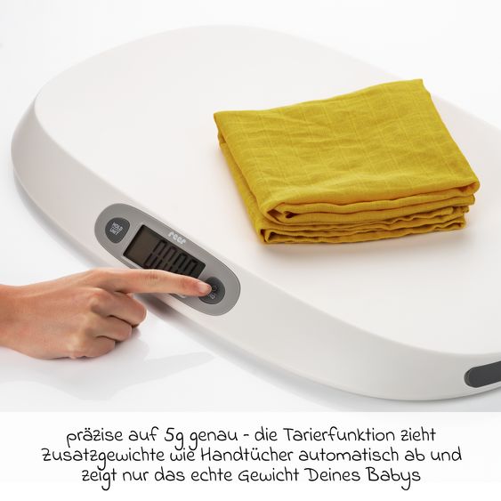 Reer Babywaage BabyCare mit Maßband, ergonomische Wiegeschale, Tarier- und HOLD-Funktion bis 25 kg - Weiß