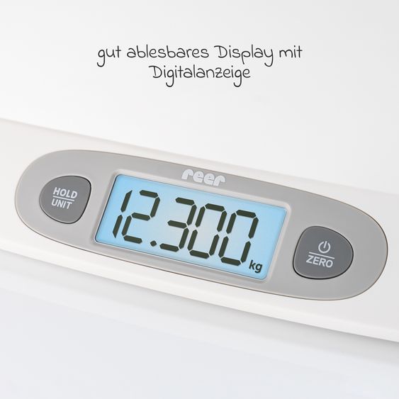 Reer Babywaage BabyCare mit Maßband, ergonomische Wiegeschale, Tarier- und HOLD-Funktion bis 25 kg - Weiß