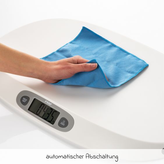 Reer Babywaage BabyCare mit Maßband, ergonomische Wiegeschale, Tarier- und HOLD-Funktion bis 25 kg - Weiß